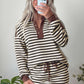 Brown Stripe Contrast Trim Button Neck Long Sleeve Top Drawstring Mini Skirt Set