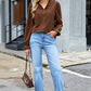 Coffee Solid Color Ruffle Trim V Neck Long Sleeve Button Corduroy Shakcet