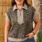 Beige Ribbed Patchwork Collar Cuffed Sleeve Leopard Plus Top
