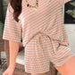 Sky Blue Stripe Raised Rib Loose Tee Drawstring Elastic Waist 2pcs Short Set