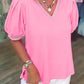 Mint Green Solid Color V Neck Short Puff Sleeve Blouse