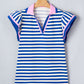 Rose Stripe Contrast Trim Polo Collar Ruffled Short Sleeve Blouse