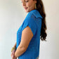 Sky Blue Solid Color Hollowed Knit Short Sleeve Zipper Collar Knitwear Top