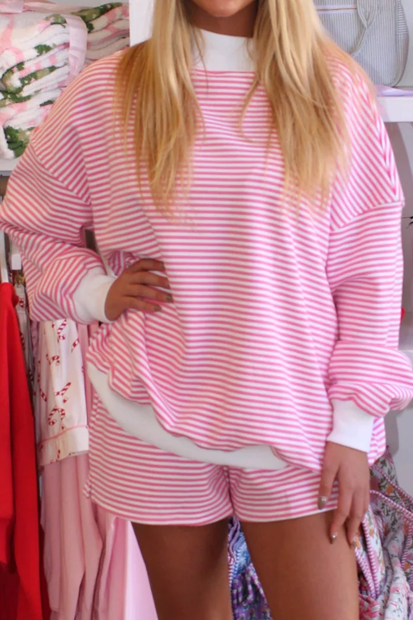 Sky Blue Stripe Oversize Mock Neck Sweatshirt and Shorts Set