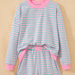 Pink Stripe Color Block Detail Long Sleeve Pullover Elastic Waist Pull On Shorts 2pcs Set