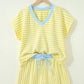 Yellow Stripe Colorblock Trim V Neck Tee Drawstring Elastic Waist Short Set