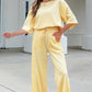Yellow Cream Lace Patchwork Half Sleeve Top Elastic Waist Pants Two Piece Set