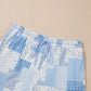 Sky Blue Patchwork Floral Print Stand Neck Long Sleeve Two-piece Outfit Plus Size Set