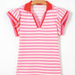 Rose Stripe Contrast Trim Polo Collar Ruffled Short Sleeve Blouse