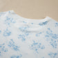 Sky Blue Floral Print Striped Detail Long Sleeve Top Ruffle Hem Shorts 2pcs Set