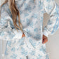 Sky Blue Floral Print Striped Detail Long Sleeve Top Ruffle Hem Shorts 2pcs Set