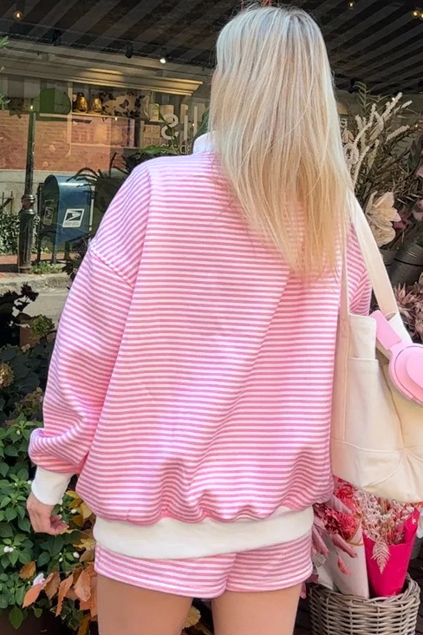 Sky Blue Stripe Oversize Mock Neck Sweatshirt and Shorts Set