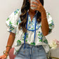 White Floral Print Contrast Trim Tie Neck Blouse