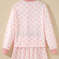 Pink Polka Dot Drop Shoulder Polo Loose Pullover Patch Pocket Casual Shorts Set
