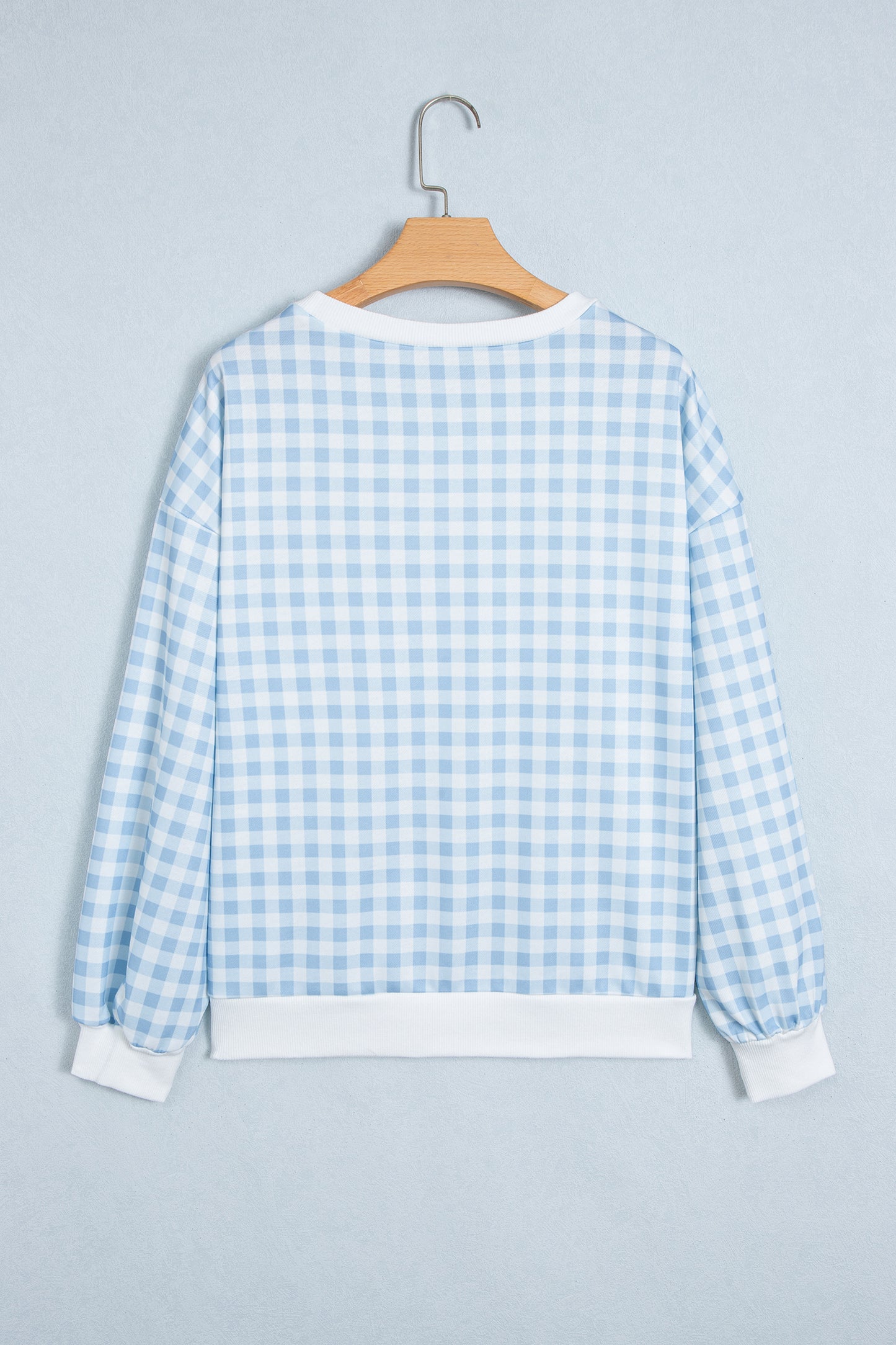 Light Blue Plaid Round Neck Long Sleeve Sweatshirt