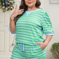 Green Stripe Plus Size Colorblock Detail Puff Sleeve Top Drawstring Shorts 2pcs Outfit