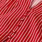 Blue Stripe Ruffled Short Puff Sleeve Button Front Blouse