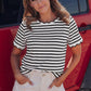 Black Stripe Scalloped Trim Round Neck T Shirt