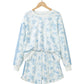 Sky Blue Floral Print Striped Detail Long Sleeve Top Ruffle Hem Shorts 2pcs Set