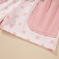 Pink Polka Dot Drop Shoulder Polo Loose Pullover Patch Pocket Casual Shorts Set