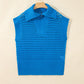 Sky Blue Solid Color Hollowed Knit Short Sleeve Zipper Collar Knitwear Top