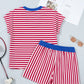 Yellow Stripe Colorblock Trim V Neck Tee Drawstring Elastic Waist Short Set