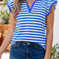 Rose Stripe Contrast Trim Polo Collar Ruffled Short Sleeve Blouse