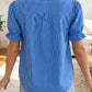Blue Stripe Ruffled Short Puff Sleeve Button Front Blouse
