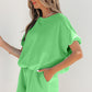 Light Blue Solid Color Puffy Loose Top Drawstring Shorts 2pcs Outfit