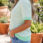 Green Stripe Colorblock Trim Round Neck Short Sleeve Tee