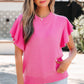 Bright Green Solid Color Ribbed Trim Round Neck Ruffle Short Sleeve Sweater
