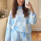 Sky Blue Patchwork Floral Print Drop Shoulder Baggy Pullover Drawstring Shorts Set