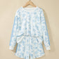 Sky Blue Floral Print Striped Detail Long Sleeve Top Ruffle Hem Shorts 2pcs Set