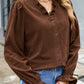 Coffee Solid Color Ruffle Trim V Neck Long Sleeve Button Corduroy Shakcet