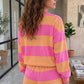 Pink Stripe Long Sleeve Casual Top Drawstring Shorts 2pcs Set