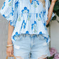 Sky Blue Floral Print Tie Neck Puff Sleeve Blouse